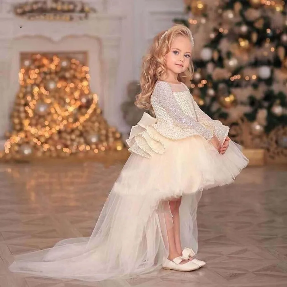 

Elegant Tulle Puffy Lace Long Sleeve Sparkle Flower Girl Dress For Wedding Kids Bridesmaid Birthday Celebration Eucharist Dress