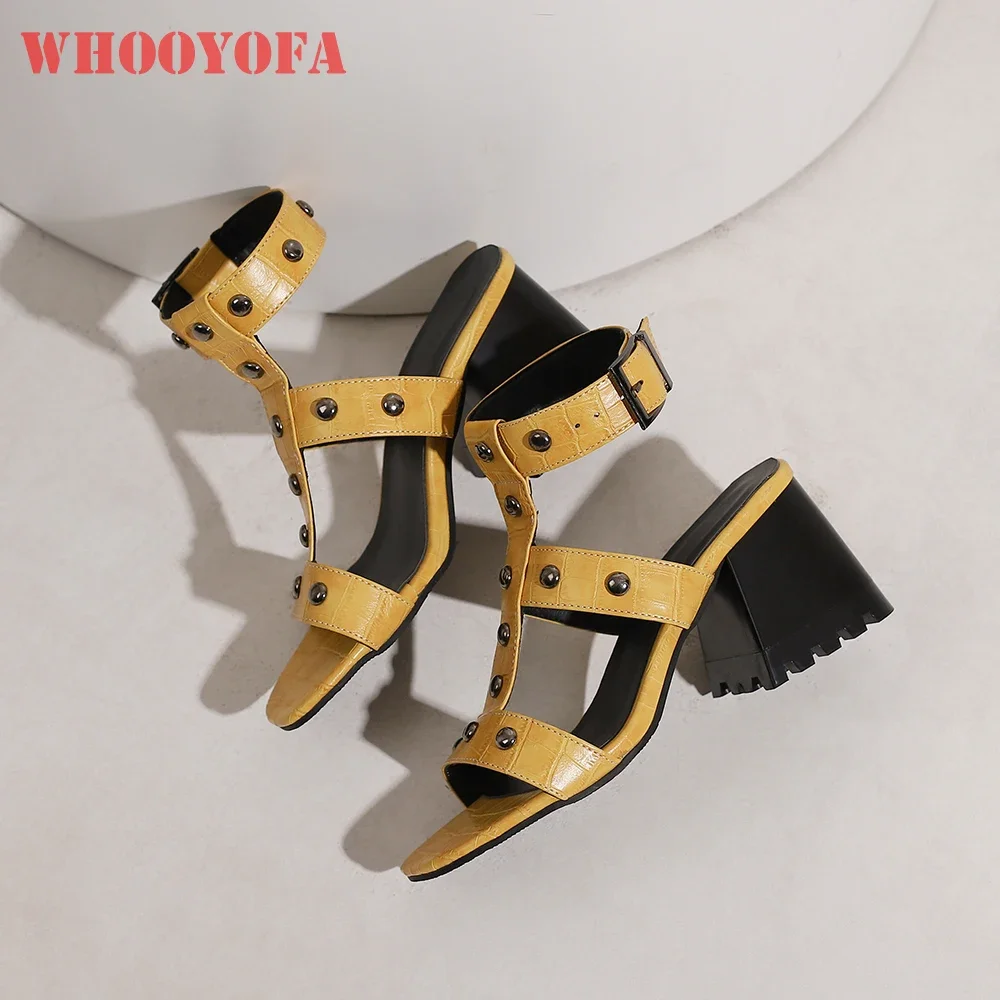

New Summer Mature Yellow White Women Sandals Hot Round Toe High Heels Lady Casual Shoes Plus Big Small Size 43 46 48