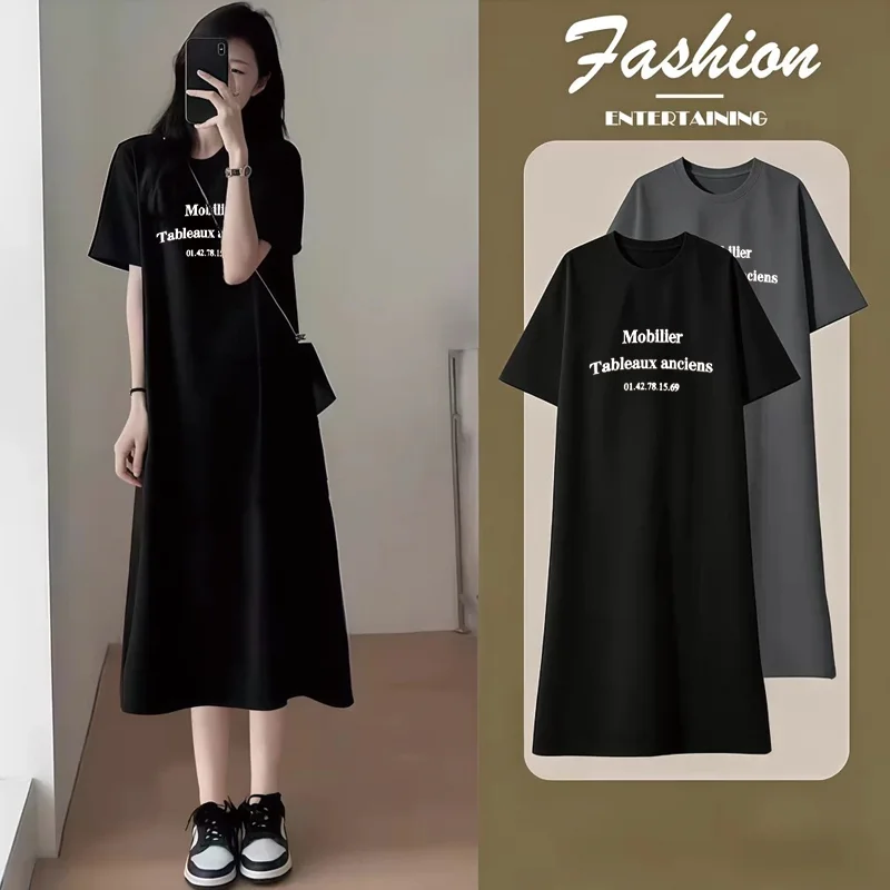 

Women's Casual French Text Print Oversized Maxi T-Shirt Dress Short Sleeve Side Split Summer Dress