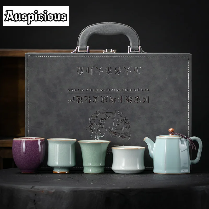 Raw Ore Glaze Handmade Teapot Five Famous Kilns Tea Set Kit Boutique Tea Ceremony Set 1 Pot 4 Cups Drinkware Collection Craft