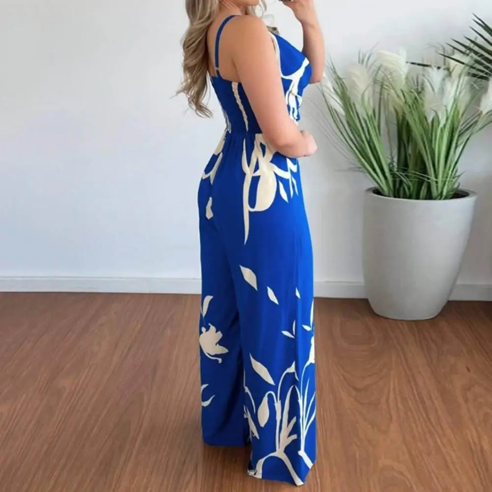 

Women Jumpsuit Elastic Back Jumpsuit Stylish Women's V Neck Backless Jumpsuit Colorful Print Wide Leg High Waist for Vacation