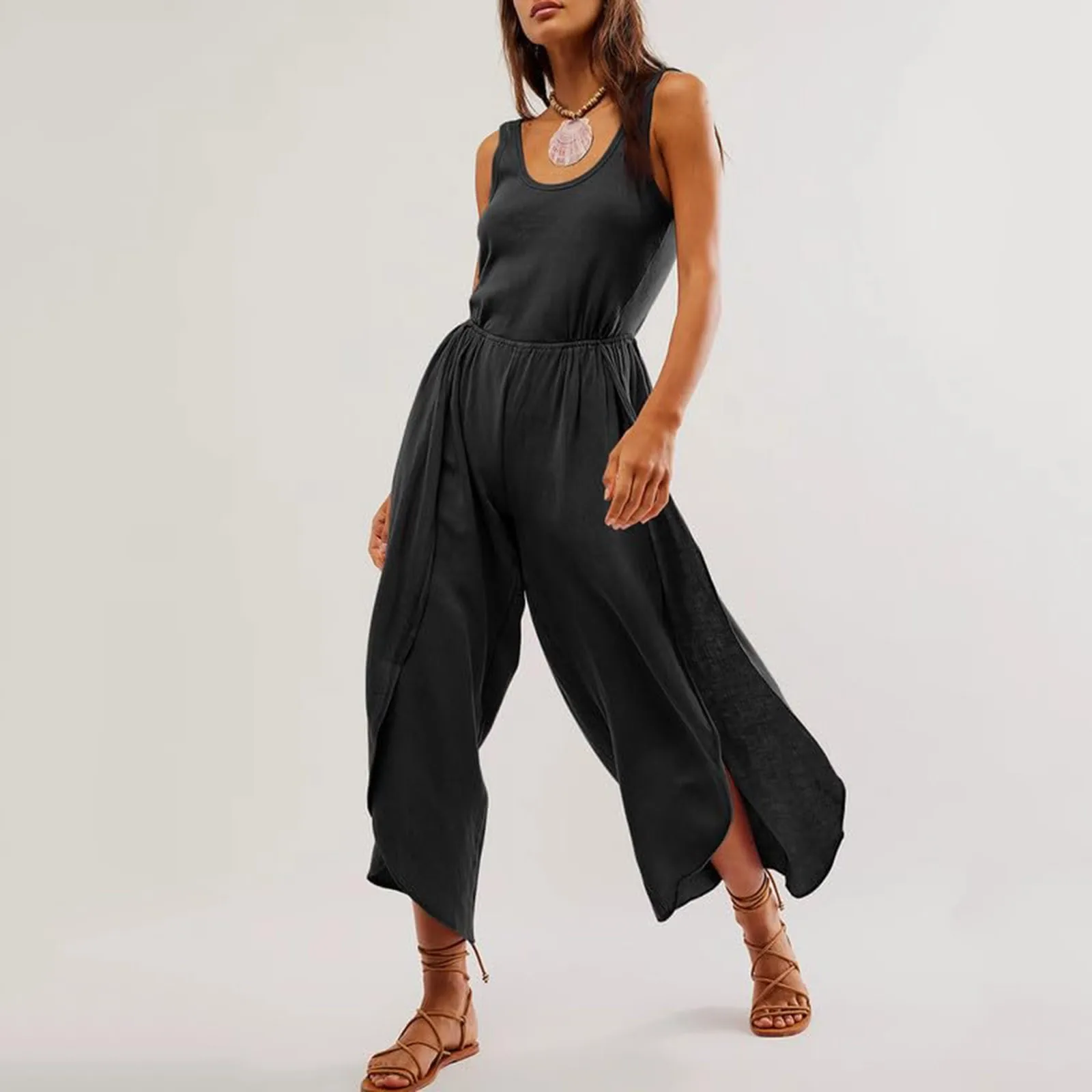 Summer Casual Jumpsuits Fashion Solid Color Comfy Soft Tanks Jumpsuits Waist Loose Wide Leg Pants Leisure Vacation Jumpsuits