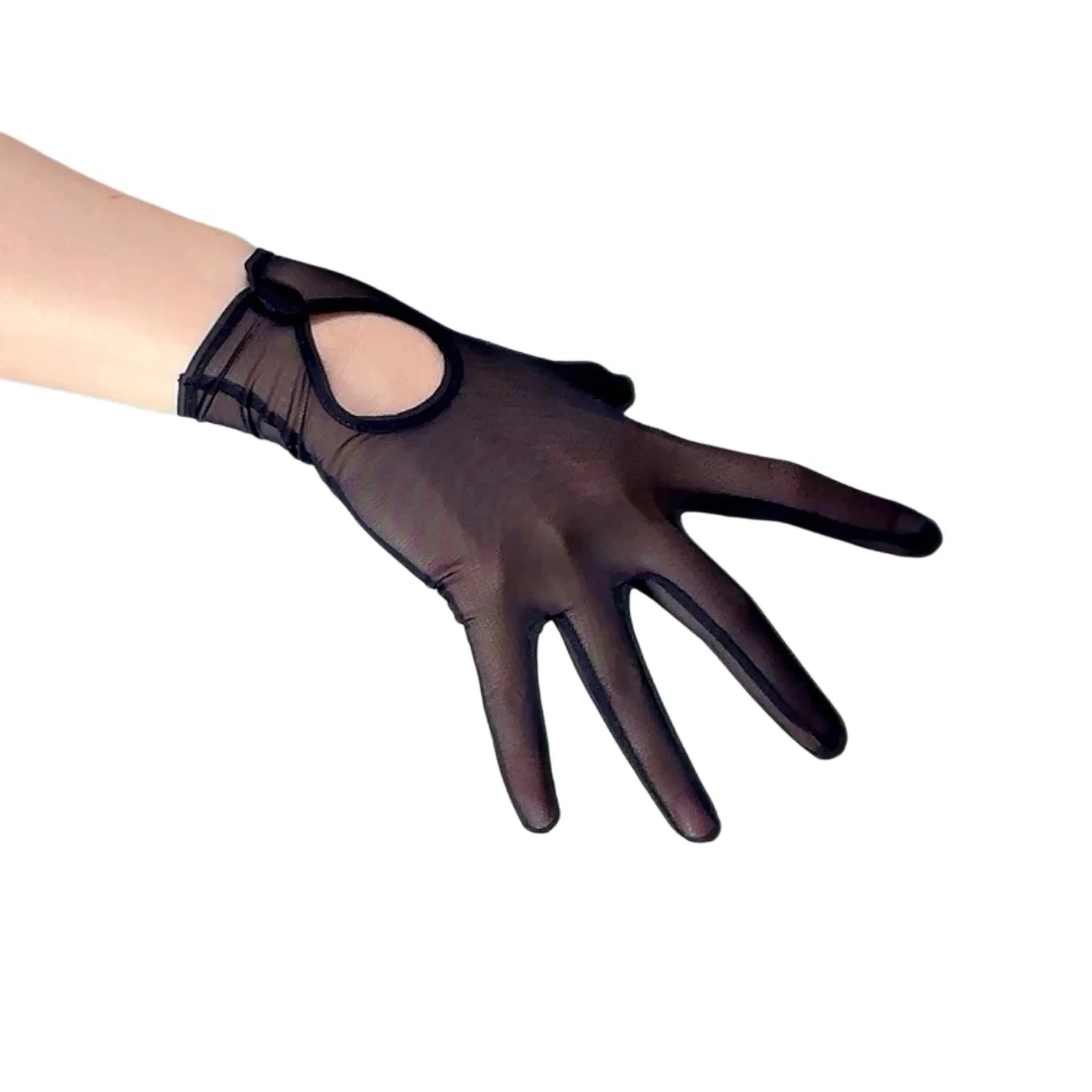 Women's Sexy Black MESH GLOVES 23cm Short Wrist Button Closure Tulle Lace TECH Touchscreen Fashion Costume Evening Party Glove