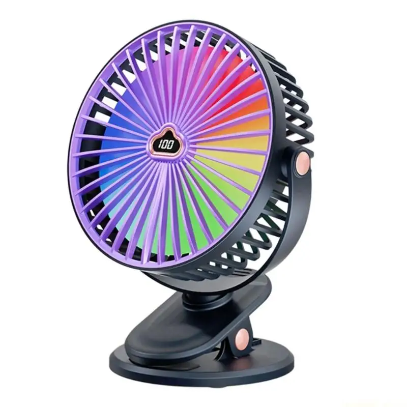 D0AB Rotatable Clip on Fan USB Charging Portable Quiet Fan with Colorful Light ABS Texture Suitable for Camping Travel