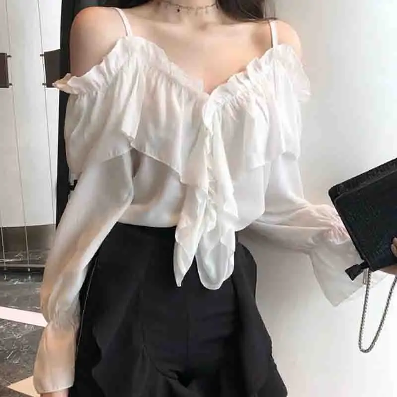 Off Shoulder Blouses Women Casual Ruffles Sexy Flare Sleeve Elegant Shirt Solid Party Design Office Ladies Loose Fashion Tops