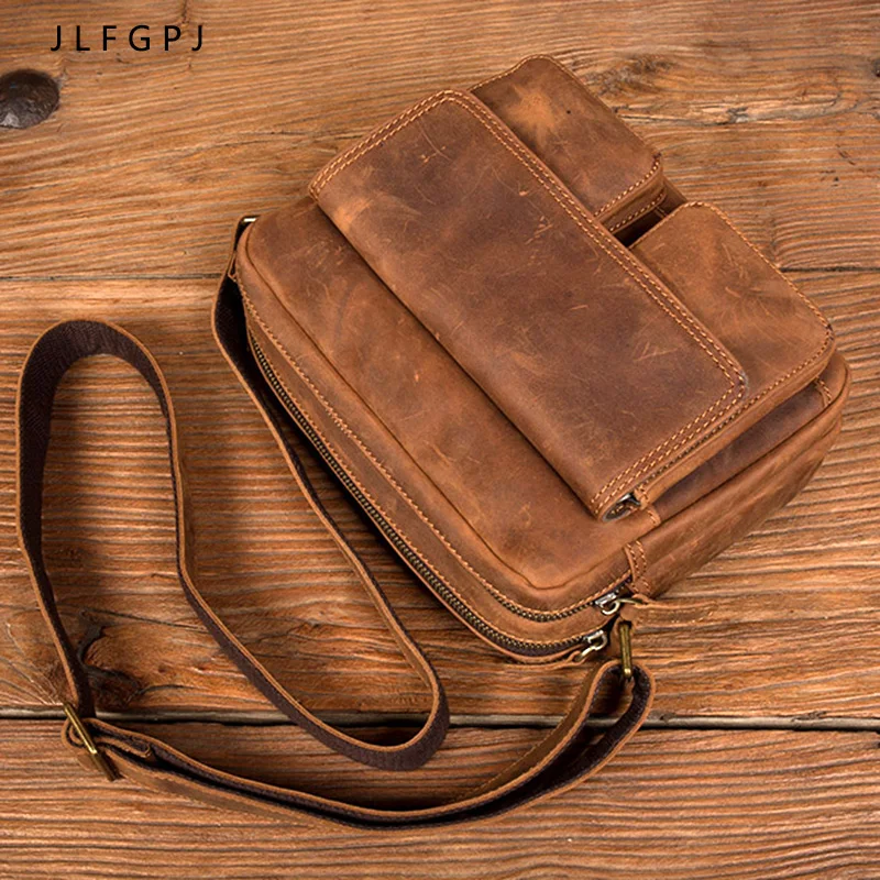 JLFGPJ – sac à bandoulière en cuir de cheval fou fait à la main, petit sac à dos pour hommes, couche de tête en peau de vache, Vintage, loisirs