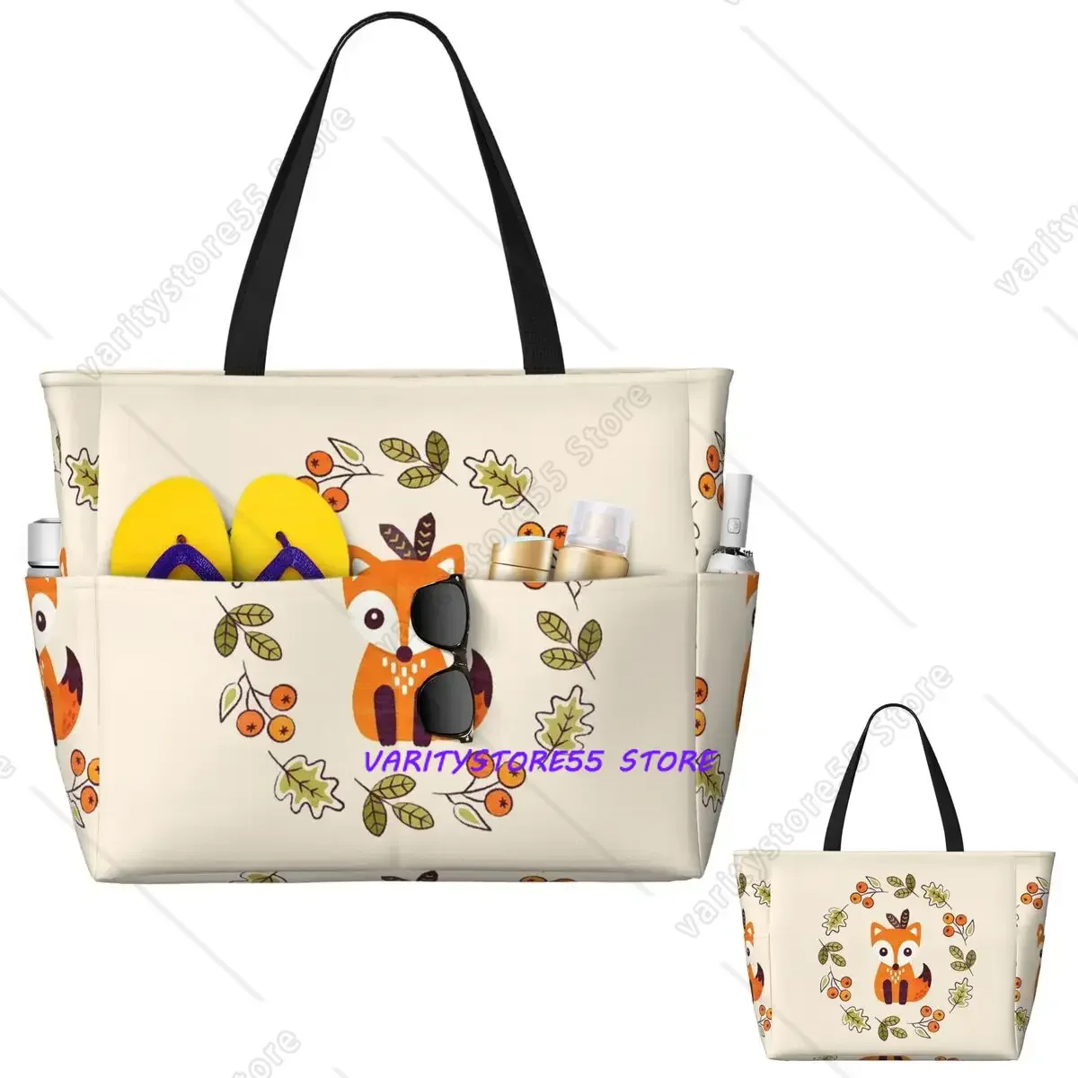 Little Fox With Autumn Berries Beach Tote Bag Sport Gym Yoga Duffle Large Tote Bag Women Travel Fitness