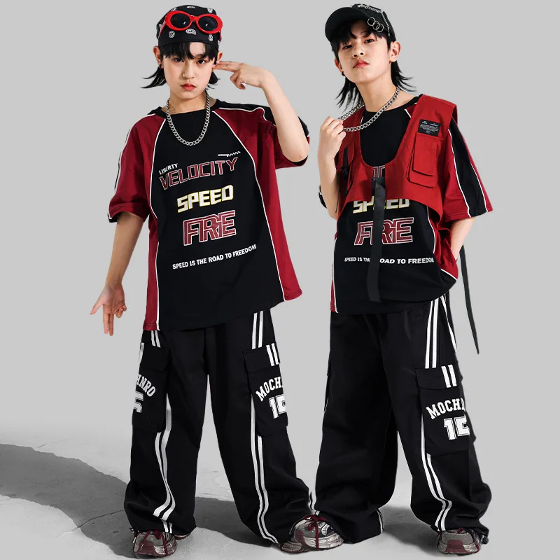 Traje de performance de dança de rua hip-hop infantil, conjunto de colete de hip-hop para meninos, trajes de performance de dança de jazz vermelho e preto