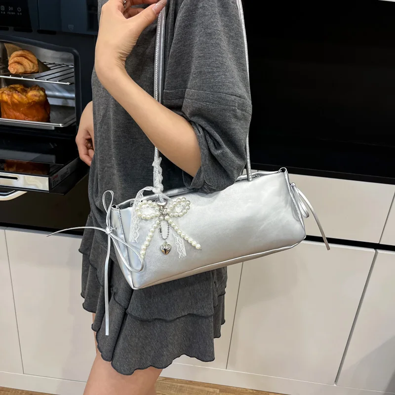Fashionable Versatile  Knot Bowling Bag Women's 2025 New Silver Single Shoulder Underarm Handbag Stylish All-Match