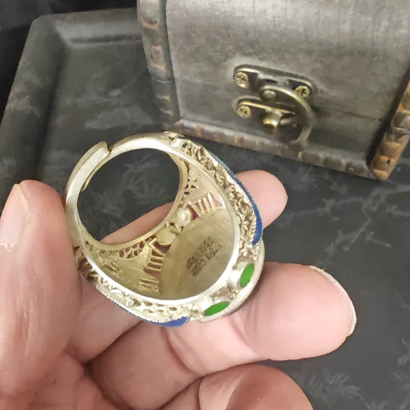 Vintage Cloisonné-Emaille-Ring, Unisex, Blumenmuster, Metall, große Imitation von grünem Jade, auffälliger Fingerring, Schmuck für Männer und Frauen, Geschenk für Partys. – Detail 5