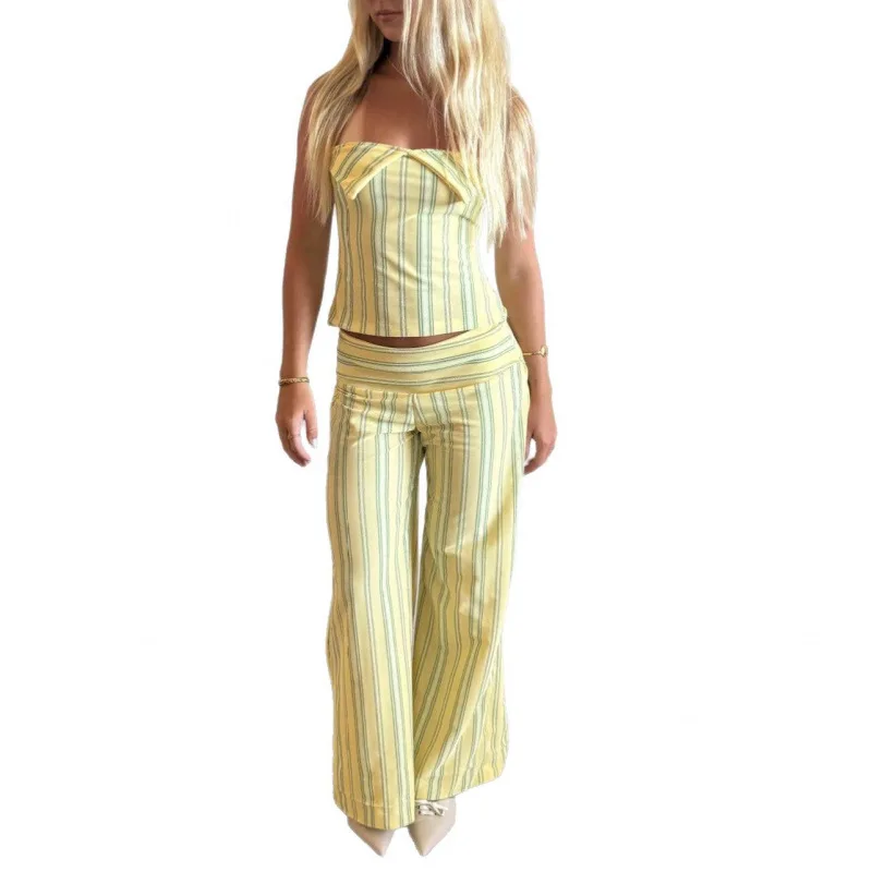 

Straight Pants Suit Women Striped 2 Piece Set Halter Neck Top Lace Up Backless Trousers Ensemble Office Lady Outfits Summer 2026