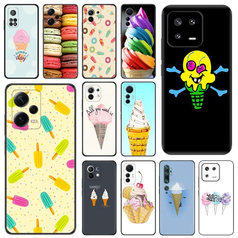 Coque de téléphone noire avec dessin animé de crème glacée mignonne, coque souple pour Redmi Note12, Note13, 5G, Xiaomi 13, 12 Pro, 12C, 12X, 12T, 13C, 12S Lite, 256