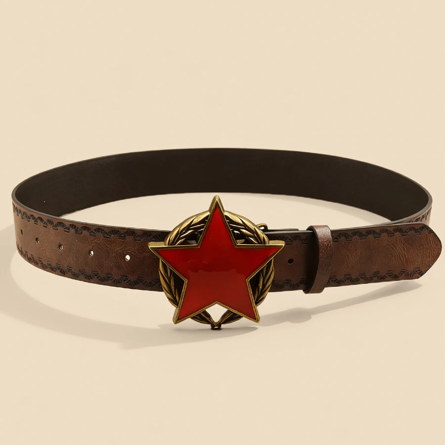 Vintage Red Star Metal Buckle Belt Brown Embossed Women's Fashion Waistband Retro Decorative Belt