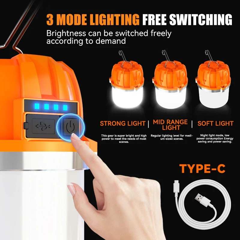 USB Rechargeable LED Camping Lights Built-in Battery Outdoor Camping BBQ Tents Hanging Lantern Emergency Power Bank