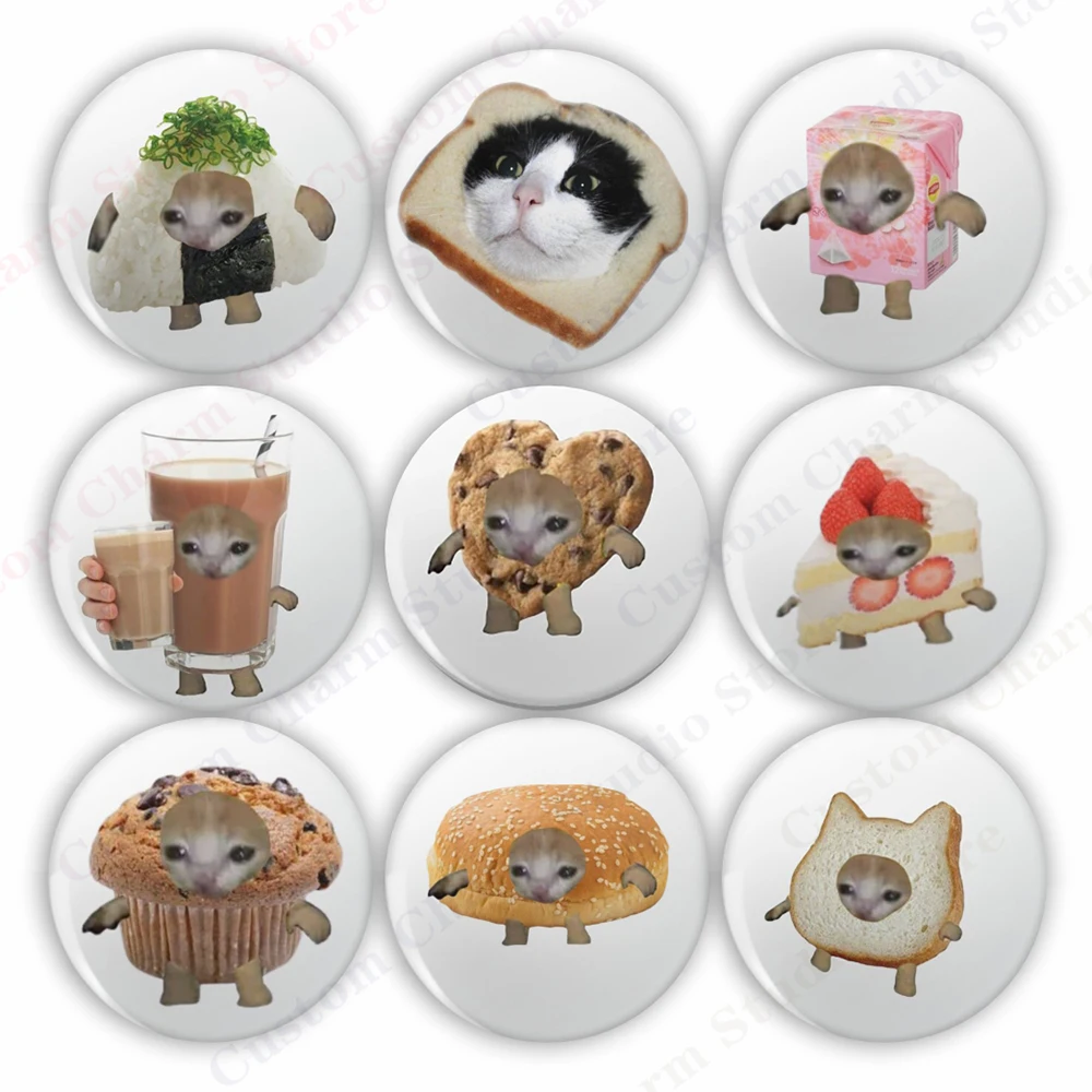 Broches bonitos de hojalata de gato Meme, pan Kawaii, helado, pastel, gatito, Pin de botón de dibujos animados, mochila, ropa, insignias de solapa, joyería de 44mm