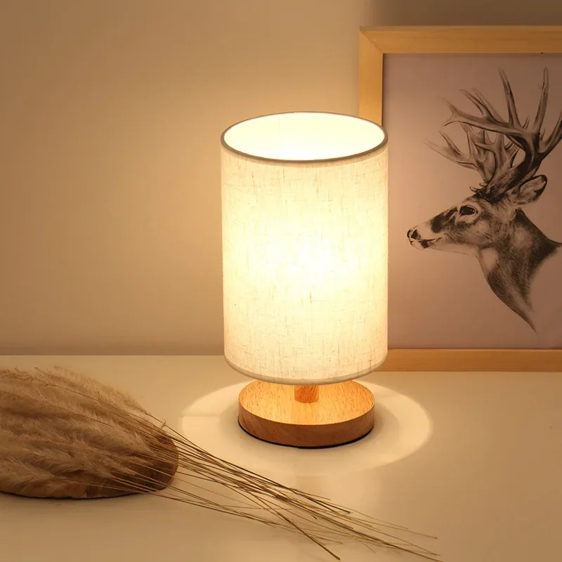 Solid Wood Night Linen Table Lamp LED Desk  Eye Protection Nightstand Lamp USB Powered Beside Bedroom Decor