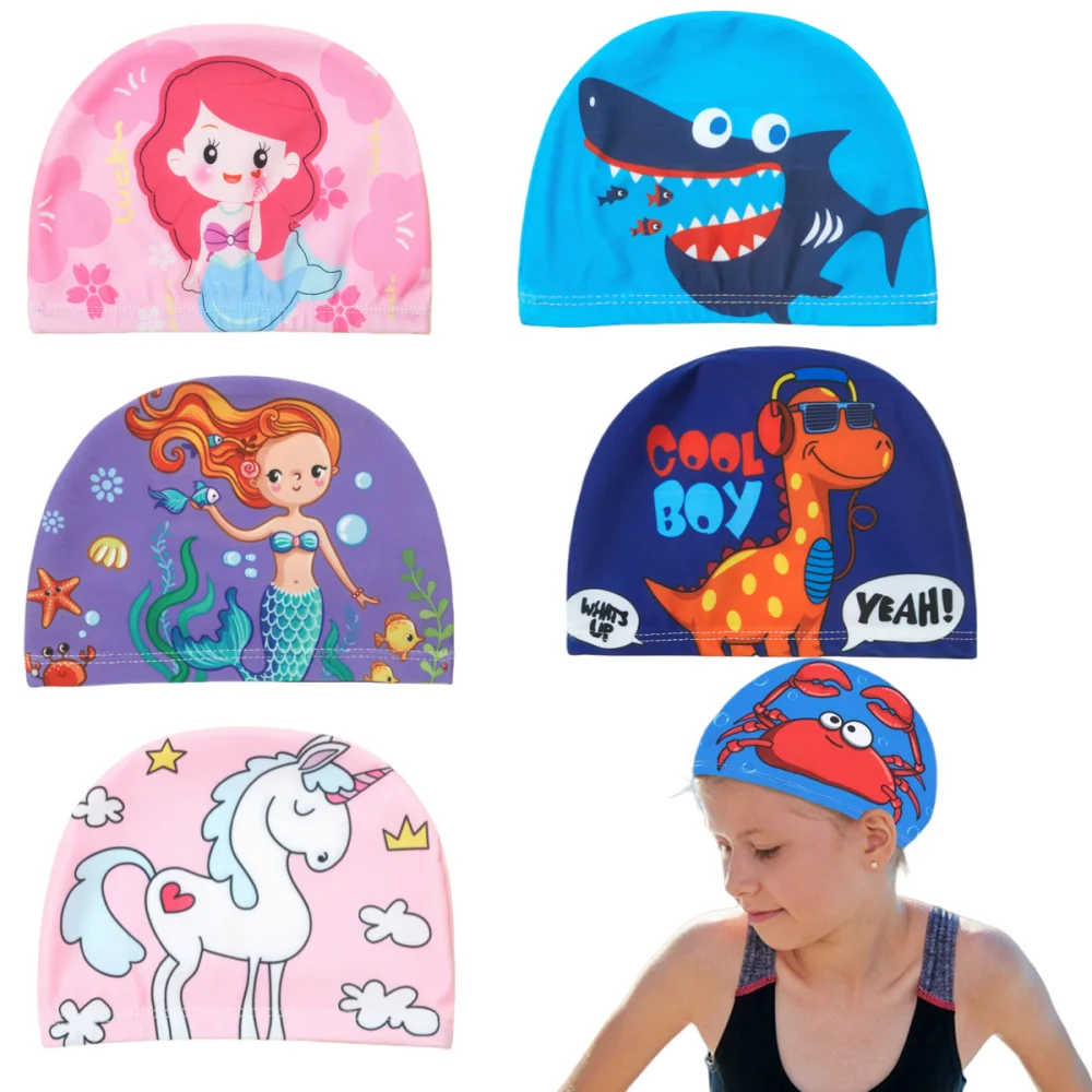 Cartoon Printing  Children Swimming Cap Kids PU Waterproof Ear Protection Swim Hat Elastic Bathing Hats Pool Caps For Boys Girl