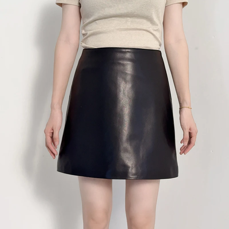 New Leather Skirts for Women Simple Fashion Knitted Plaid Crocodile Grain Sheepskin High Waist A-Line Versatile Slim Mini Skirt