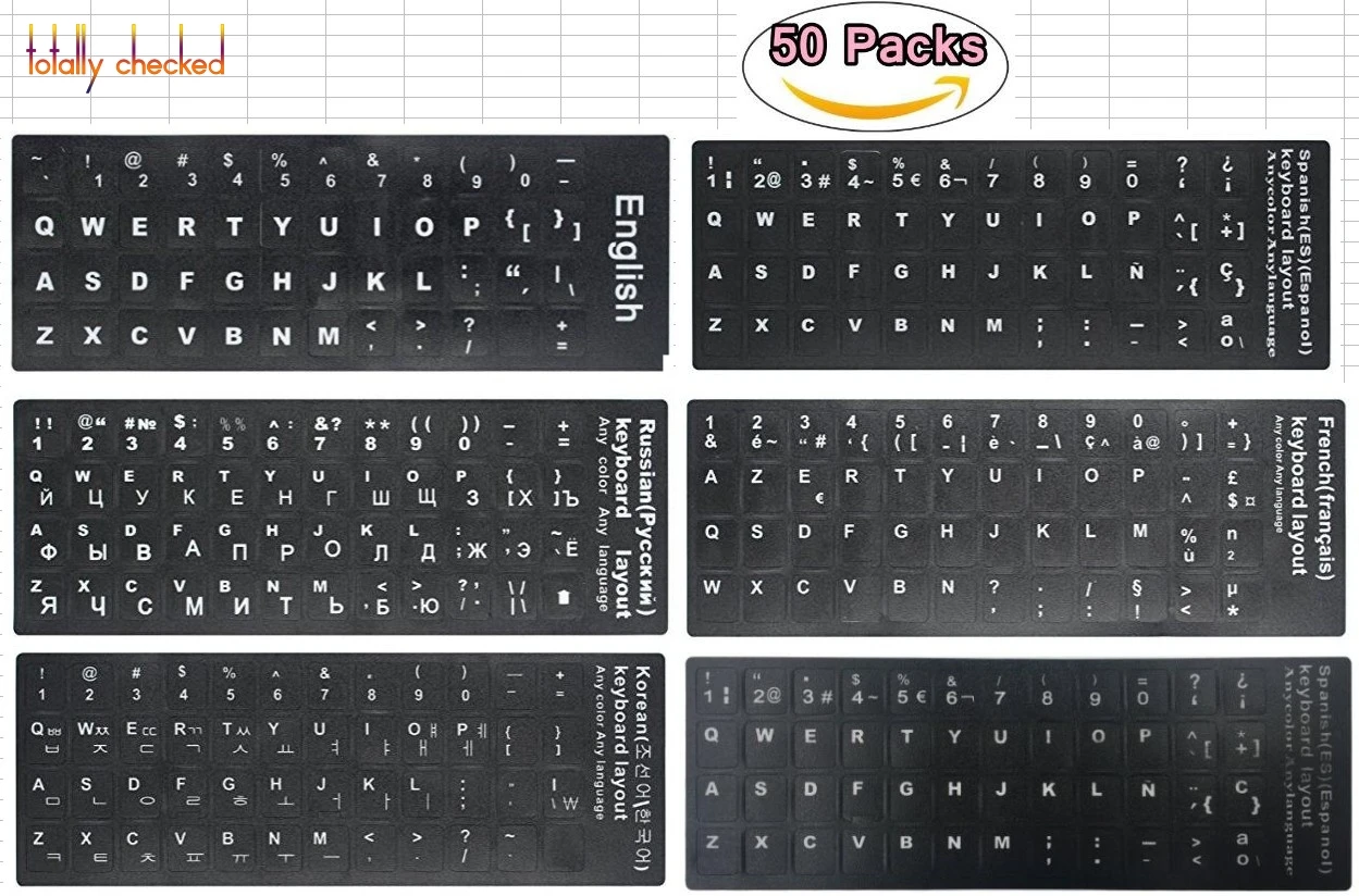 50pcs/lot whole sale Waterproof Russian Keyboard Stickers English French German Spanish Letter For Laptop 10 * 27 inch keyboards