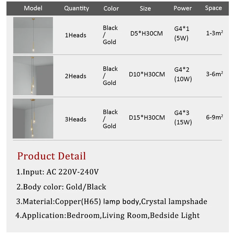 Full Copper Bedside Lights Modern LED Chandeliers Gold Black Pendant Light for Dining Room Kitchen Bar Hotel Decor Hanging Light