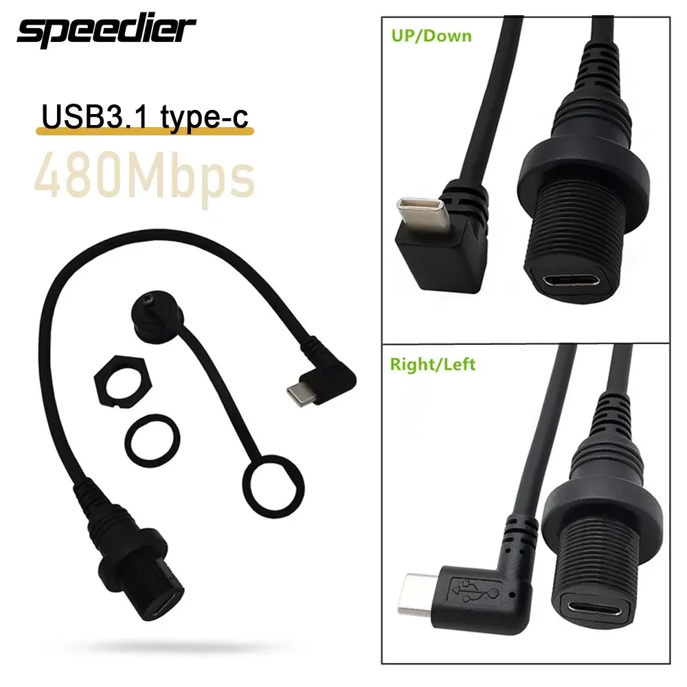 

90 Degree Angle USB3.1 Type-c Male To Female AUX Flush Panel Mount Waterproof Cable for Car Truck Boat Motorcycle Dashboard 30cm