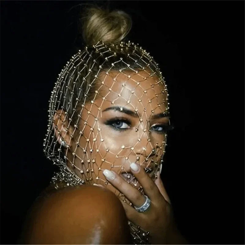 Rhinestone Bling Headscarf Luxury Sparkling Mask Head Scarf Crystal Hollow Mesh Headpiece Cover Face Jewelry for Women Nightclub