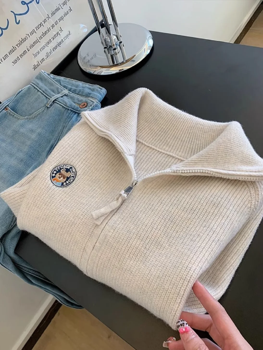 

Thickened Spring Autumn Double Zipper Loose Knitted Cardigan Women's Sweater Outerwear Lazy Style Mid-Length High-End Feeling