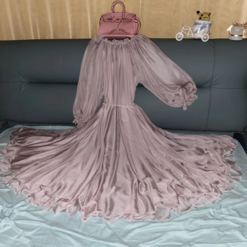 

Elegant Women's Silky Soft Sheer Maxi Dress Flared Skirt Long Sleeves Ruffled Collar Solid Color Flowy Evening Gown Beach Dress