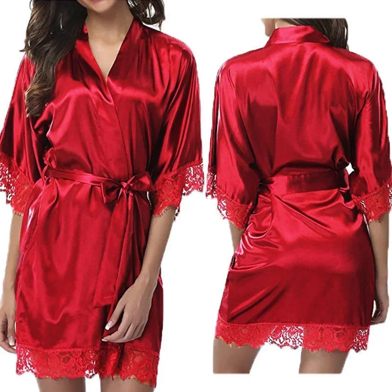 Silk Satin Nightdress For Women Night Robe Sexy Lingerie soft Sleepwear Smooth Lace Robe Dress Nightgown Bathrobe ladies Pajamas