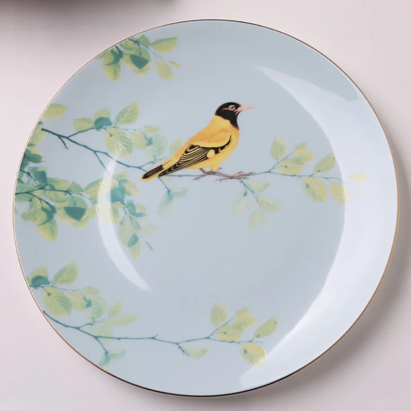 

Pink Blue Yellow Green Multicolor Bird Song Series Ceramic Plate - Dinner Dessert Bread Plate for Home Decor And Gifts