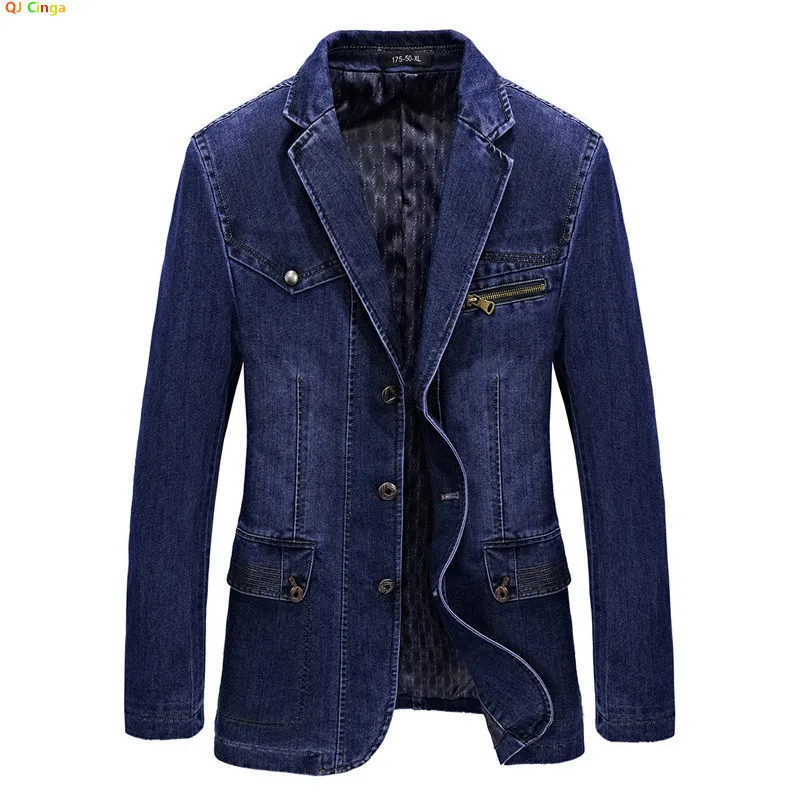 

2026 Spring Men's Long-Sleeve Suit Jacket, Deep Blue Denim Blazers, Asian Sizes Fashion Casual Coat.