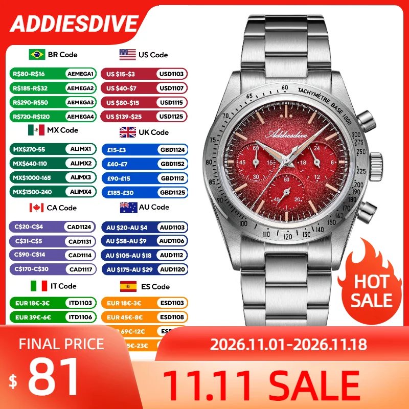 ADDIESDIVE AD2552 Chronograph Bubble Mirror Glass Quartz Watch Japan 0S20 Super Luminous Waterproof Stainless Steel Wristwatches