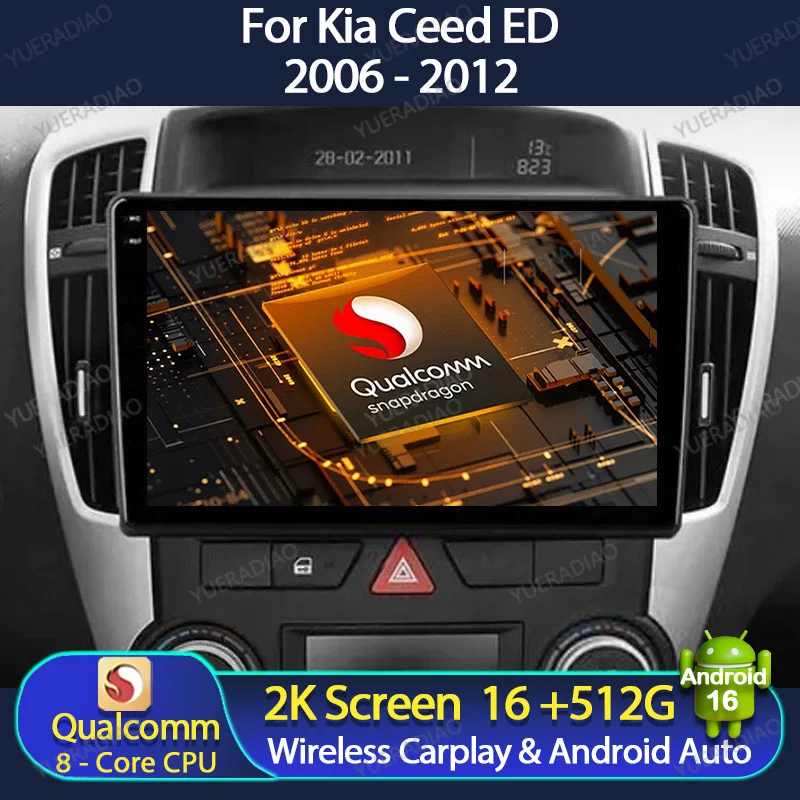 Android 16 Car Radio For Kia Ceed ED 2006 2008 - 2012 Carplay Auto Multimedia Stereo Video Player WIFI+4G Head Unit QLED 2DIN BT