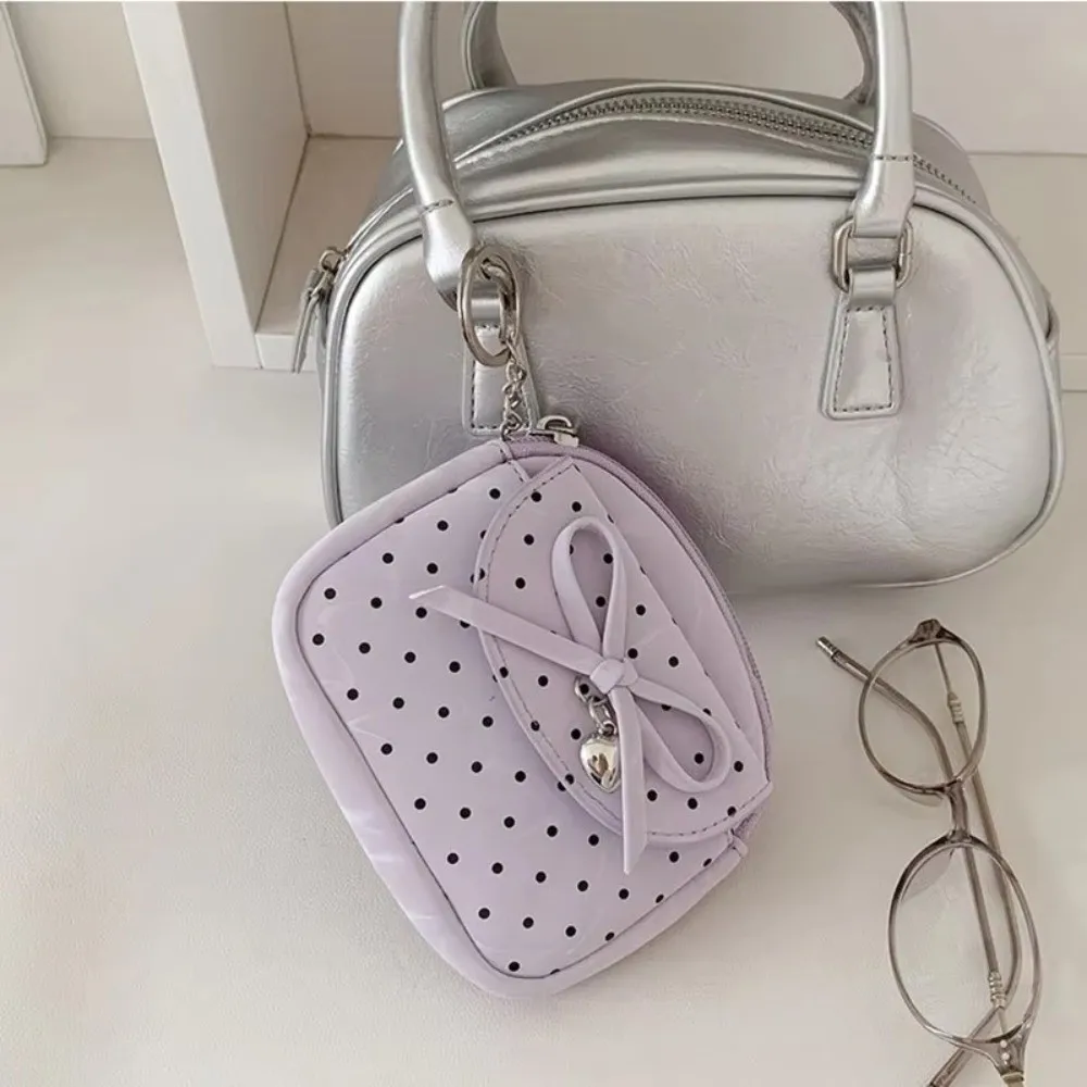 Portable PU Coin Purse Polka Dot Soft Lipstick Storage Pouch with Heart Bow Pendant Small Round Bag for Women