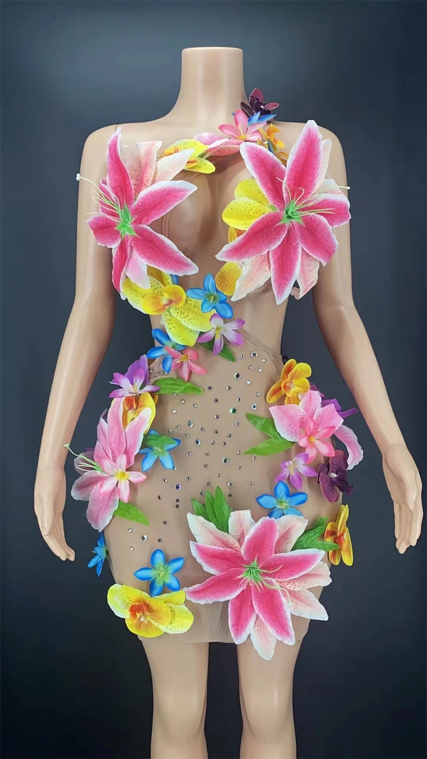 Summer See Through Dress Short Backless Beach Wear Women Big Flower Stage Outfit Dancer Singer strass Belly Pole Ballroom