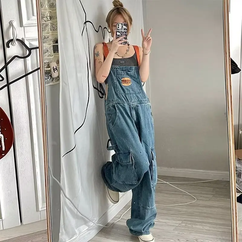 

Retro Denim Loose Women Slim Straight Wide Leg Floor-Length Trousers Spring Autumn Workwear Solid Color Fashionable