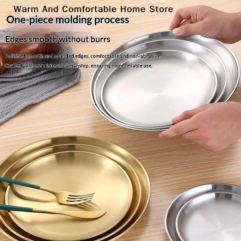 【W】14/17/20/23cm Round Plate Dessert Plate Fruit Dish Barbecue Plate Bone Spitting Dish 201 Stainless Steel Tray Tableware