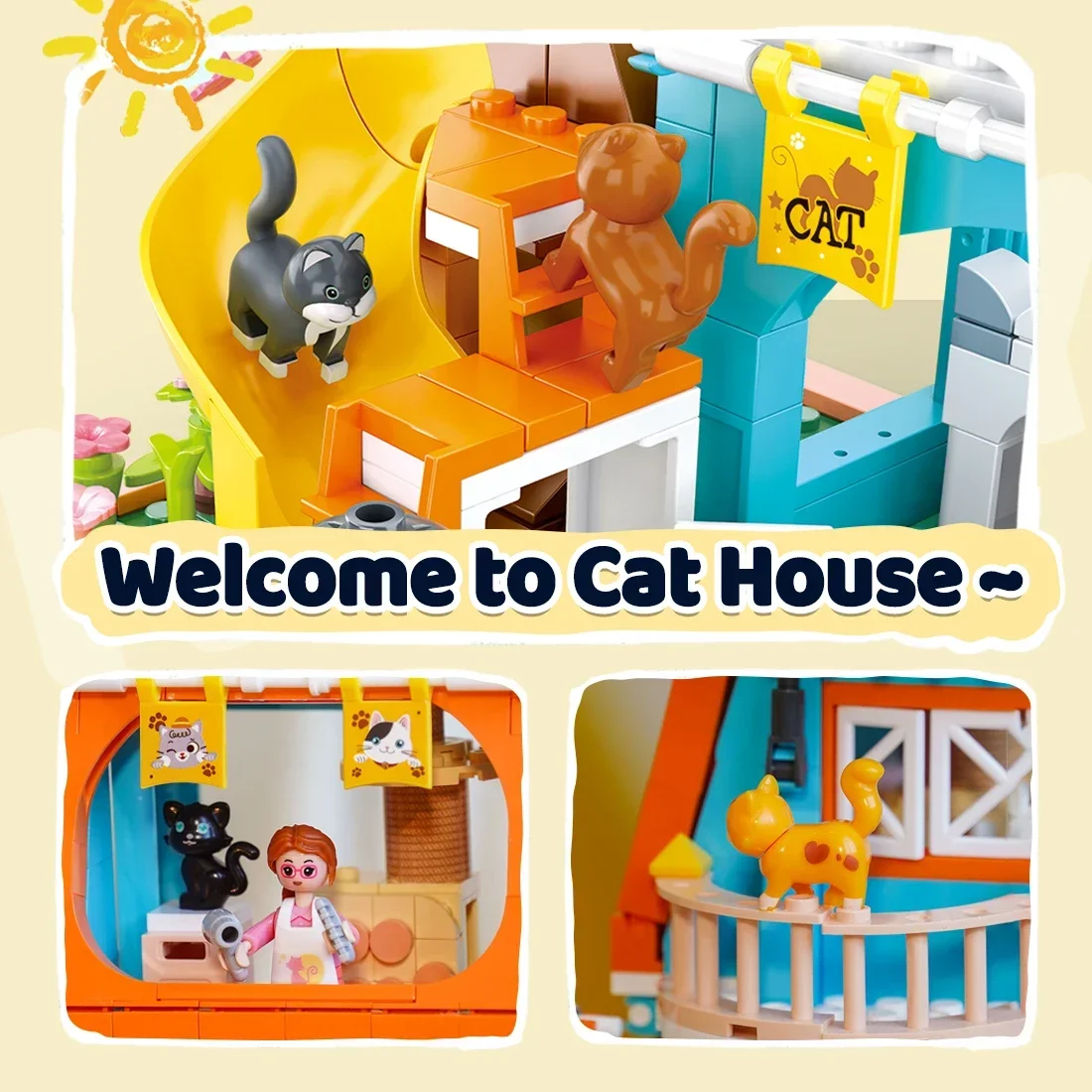 521PCS Cute Cat House Building Blocks Slide Cherry Tree Modello di costruzione Mattoni Set con mini Figure Bambini Giocattoli fai da te Regali di festa