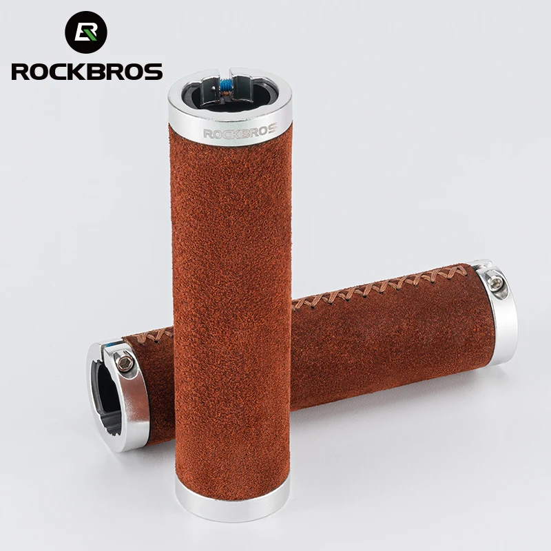 ROCKBROS Leather Bicycle Grips MTB Handle Bar Grips Ergonomics Handlebar Grip Bilateral Lock Non-slip Cozy Bike Accessorie