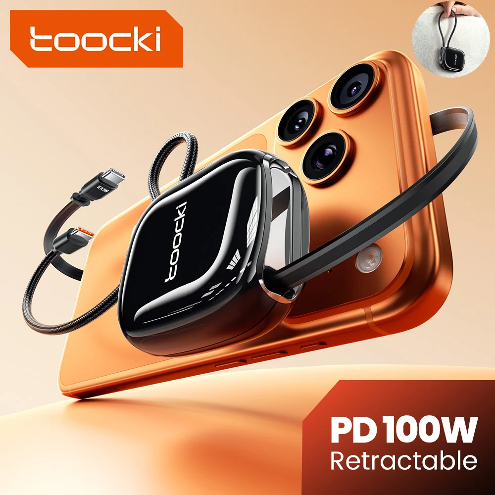 Cabo USB C Retrátil Toocki 100W para iPhone Samsung, Cordão Magnético de Puxar Único para Viagem, Carregador Rápido Mini Tipo C