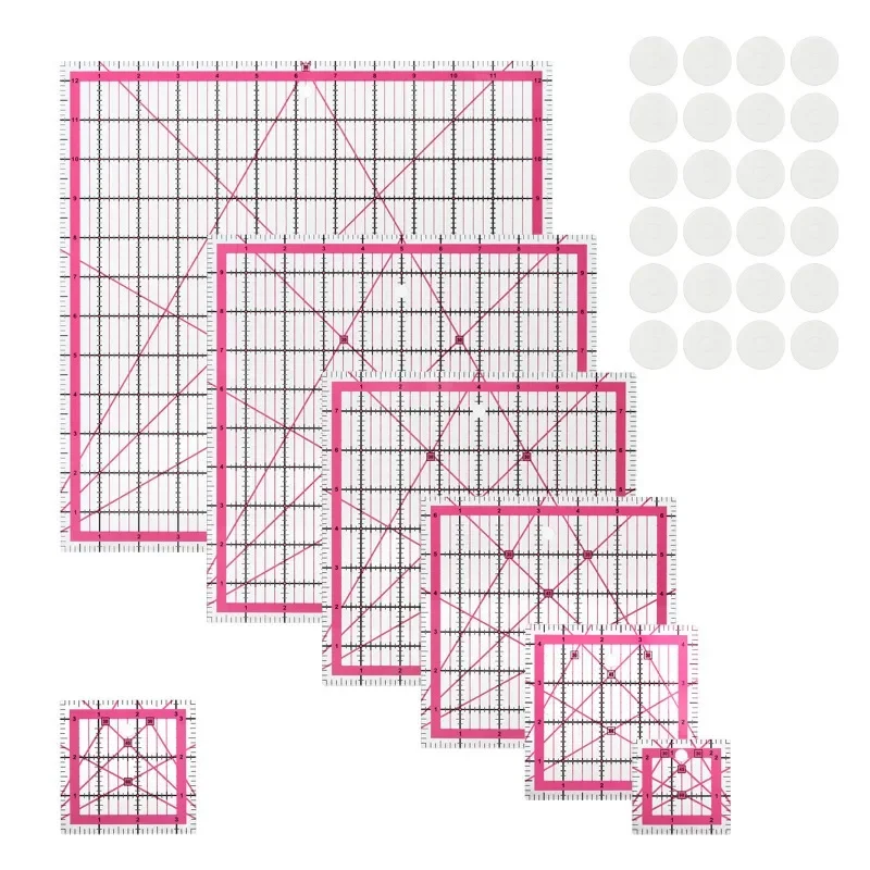 7 Piece Acrylic Quilting Rulers Set, Square & Rectangular Sewing Rulers with 24 Non-Slip Rings, Fabric Cutting Templates for Quilting, Sewing, Patchwork & Crafting, Sizes 4.5
