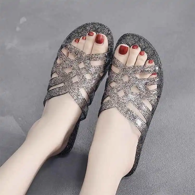 

New Jelly Crystal Plastic mid Heel Slippers Women's Transparent Slip-On Bathroom Anti-Slip Summer Casual Slippers Indoor Use