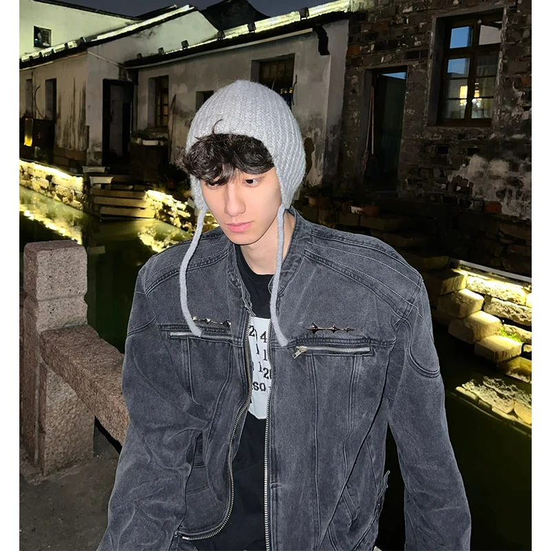 

American High Street Padded oulder Men's Denim Jaet Spring Autumn Metal Zipper Waed Trendy Workwear Jaet Loose Fit