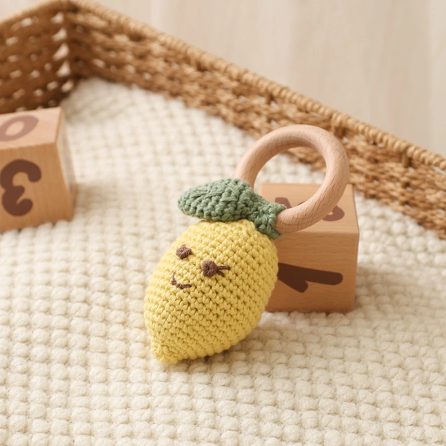 

Handmade crochet fruit tambourine baby toy boy girl gift wooden ring cherry lemon tambourine newborn music toy