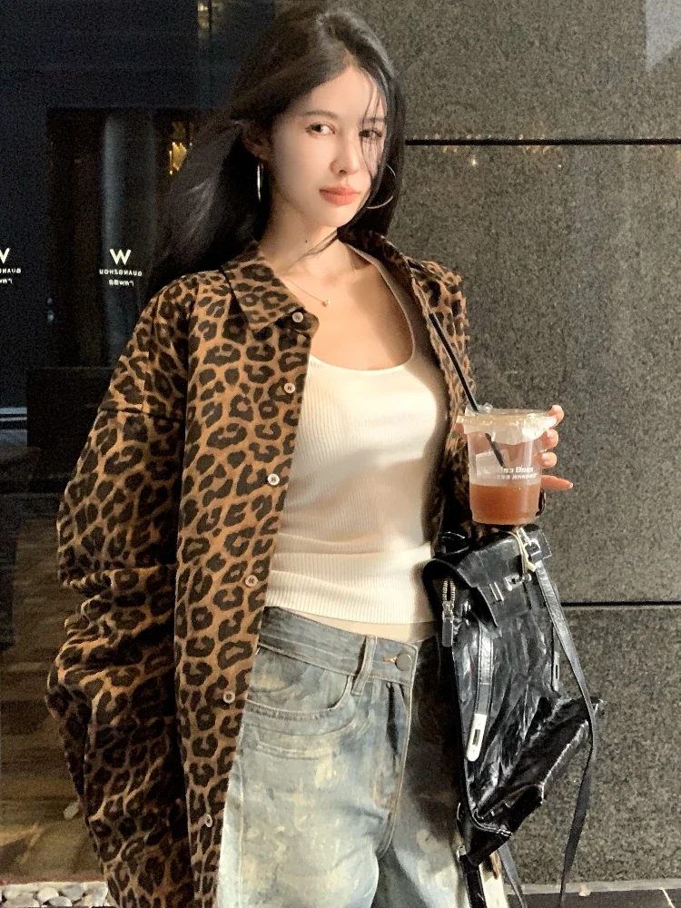 ADAgirl Vintage Leopard Print Jeans Blouses Female Harajuku Button Up Long Shirt Women Retro Polo Long Sleeve Autumn Coat Tops