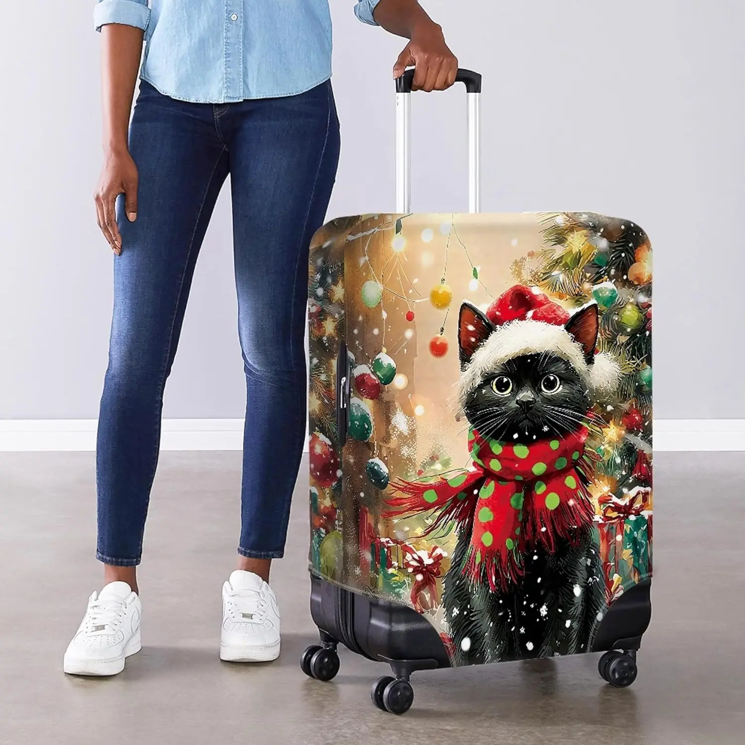 

Рождественский черный кот, шляпа Санта-Клауса, чехол для багажа для женщин и девочек, защита для дорожного чемодана с милым принтом, защита от царапин, чехлы для чемоданов