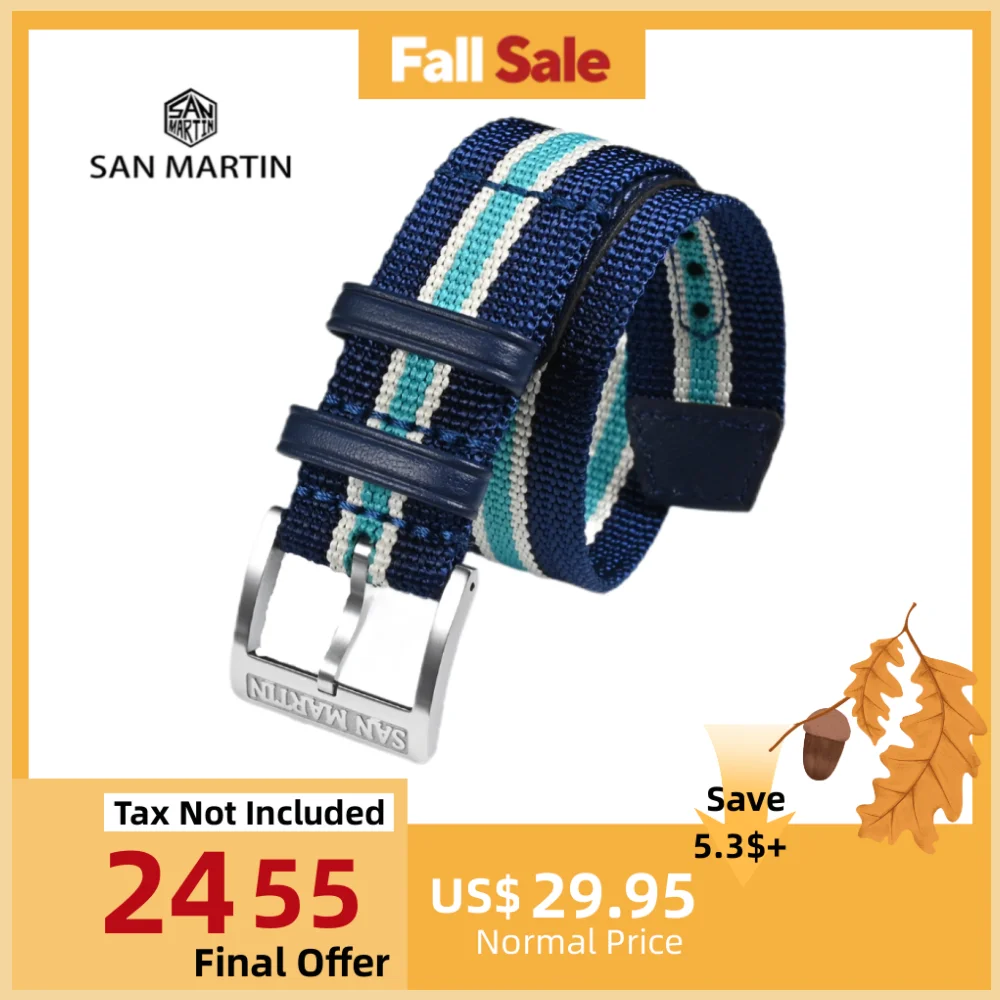 

San Martin 20mm Watch Band Nylon Strap Premium Leather Decorated Color 316L Stainless Steel Pin Buckle Sport Correa Reloj SN0116
