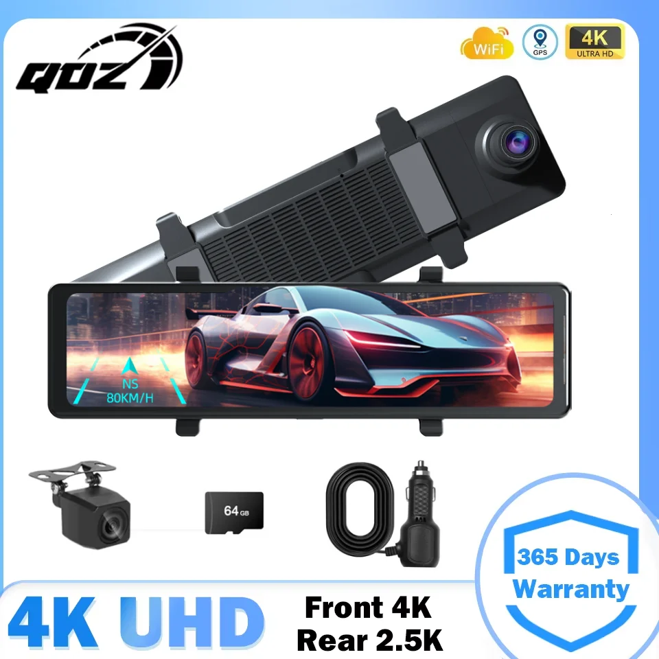 

QOZ 12 Inch 4K Carplay&Android Auto Car DVR Dash Cam Stream Mirror Video Recorder 1080P Rear View Mirror 5G Wifi/GPS/BT/FM AUX