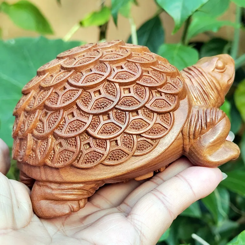 YZ344 - 12 x 8 x 7 CM Green Sandalwood Carved Figurine - Wealthy Turtle