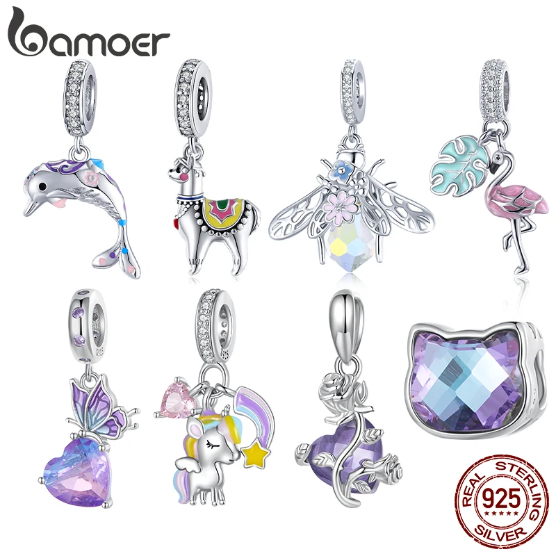 Bamoer 925 Sterling Silver Rainbow Unicorn Bead Crystal Heart Cat bee Butterfly Dolphin Charms Fit Bracelet DIY Necklace Jewelry